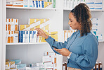 Pharmacy, shelf and woman check phone for information online, product quality on internet or healthcare choice. Customer on mobile app or website for medical research of supplements or drugs in store