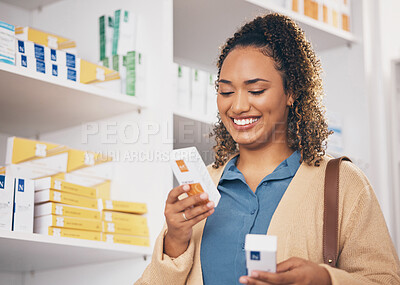 Buy stock photo Pharmacy, decision or happy woman reading medicine, pills or medication products in retail drugstore. Choice, searching or customer with a box of supplements or shopping in medical healthcare chemist