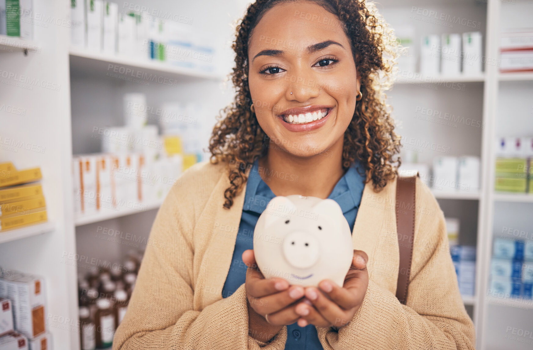 Buy stock photo Money, piggy bank and portrait of woman in pharmacy for pills, medication and medical care for wellness. Healthcare, insurance and happy female with financial savings, cash and payment for medicine