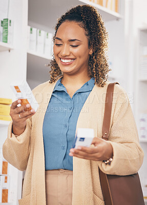 Buy stock photo Pharmacy, search or happy woman reading medicine, pills or medication products in retail drugstore. Choice, decision or customer with a box of supplements or shopping in medical healthcare chemist