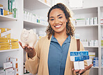 Pharmacy, piggy bank and portrait of woman with pills, medication and supplements for wellness. Healthcare, health insurance and happy female with financial savings, money and payment for medicine