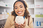 Pharmacy, piggy bank and portrait of woman with money, financial savings and payment for medical products. Healthcare, health insurance and happy female with cash for medicine, medication and pills