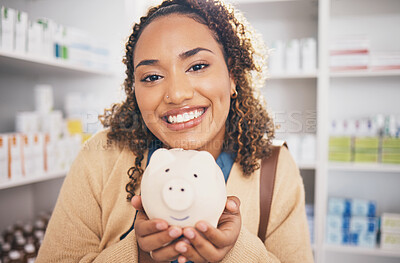 Buy stock photo Pharmacy, piggy bank and portrait of woman with money, financial savings and payment for medical products. Healthcare, health insurance and happy female with cash for medicine, medication and pills