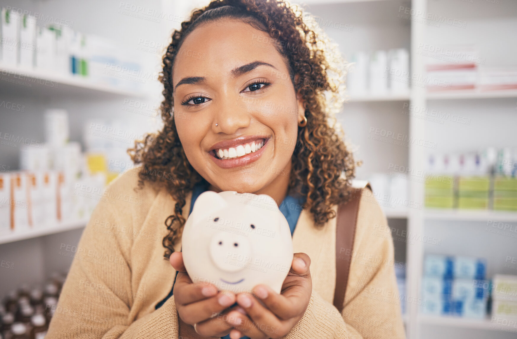 Buy stock photo Pharmacy, piggy bank and portrait of woman with money, financial savings and payment for medical products. Healthcare, health insurance and happy female with cash for medicine, medication and pills