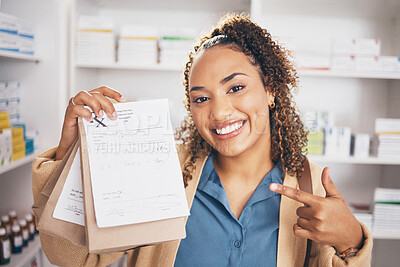 Buy stock photo Pharmacy, medicine or portrait of happy woman with bag or healthcare products or medicine in drugstore. Receipt, pharmaceutical note or customer pointing to pills package shopping in medical chemist