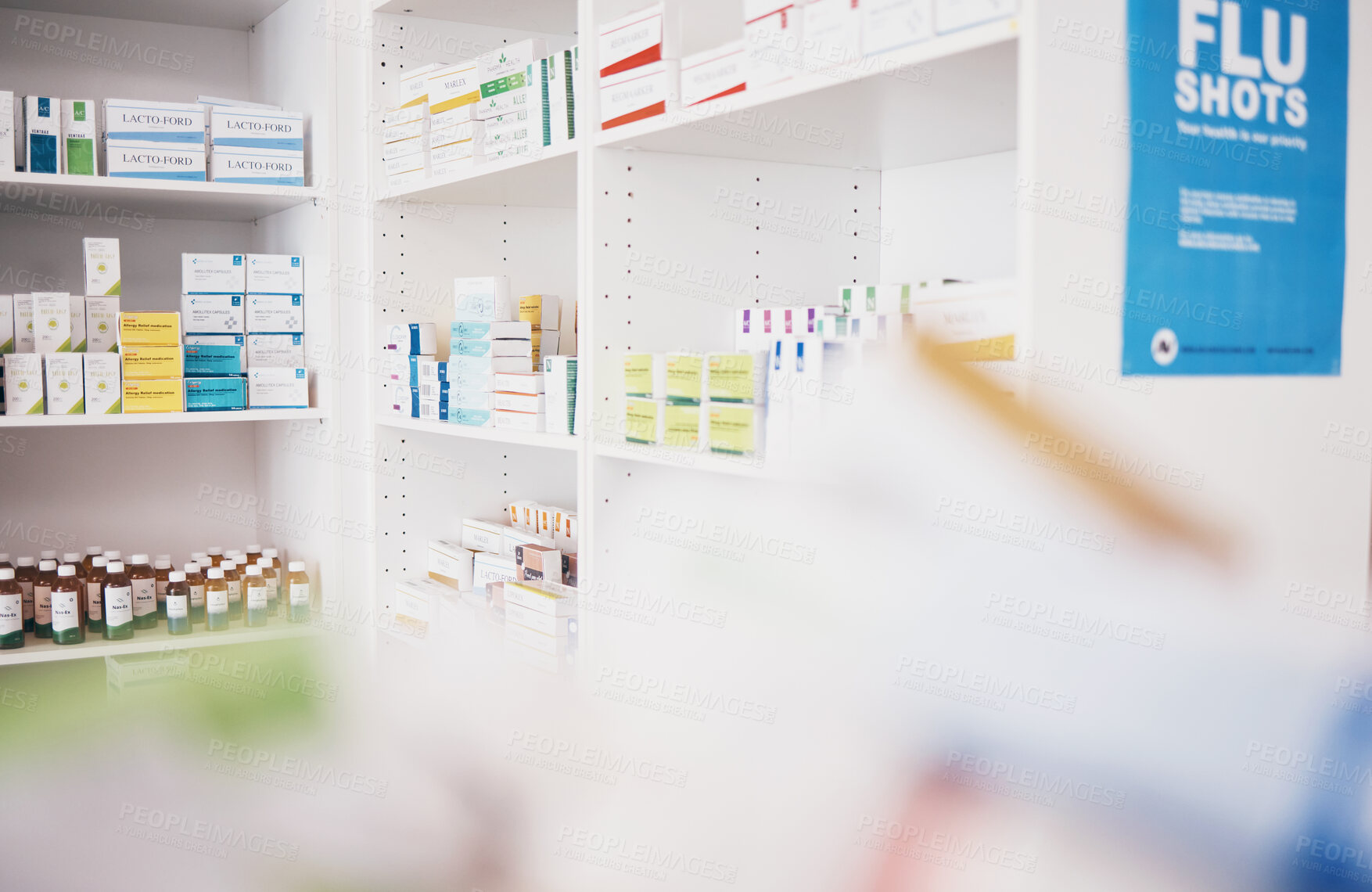 Buy stock photo Healthcare, pharmacy or shelf with medicine pills or supplements products at drugstore clinic. Pharmaceuticals background, blurry or boxes of medical products, supplements stock or retail medication