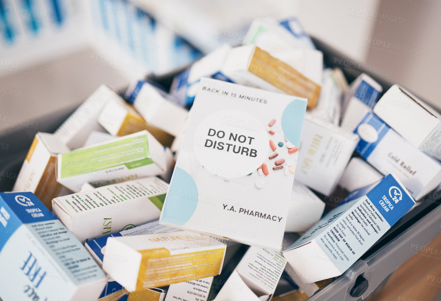 Buy stock photo Sign, healthcare and medicine in an empty pharmacy for the treatment or cure of disease and insurance. Do not disturb, medical and medicine box, package or container in a pharmaceuticals clinic