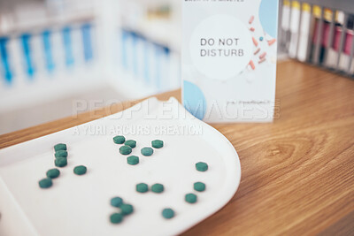 Buy stock photo Pills, healthcare and medicine in an empty pharmacy for the treatment or cure of disease and insurance. Do not disturb, medical and medicine dose, supply or course in a pharmaceuticals clinic