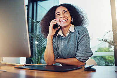 Buy stock photo Phone call, business and laughing with woman in office for networking, communication and negotiation. Contact, technology and connection with female talking for feedback, information and conversation