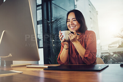 Buy stock photo Computer, coffee and happy business woman in office excited for planning, email or design idea. Tea, relax and satisfied smile for female asian entrepreneur reading proposal, plan or startup goal