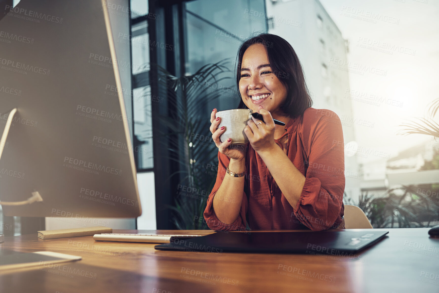 Buy stock photo Computer, coffee and happy business woman in office excited for planning, email or design idea. Tea, relax and satisfied smile for female asian entrepreneur reading proposal, plan or startup goal