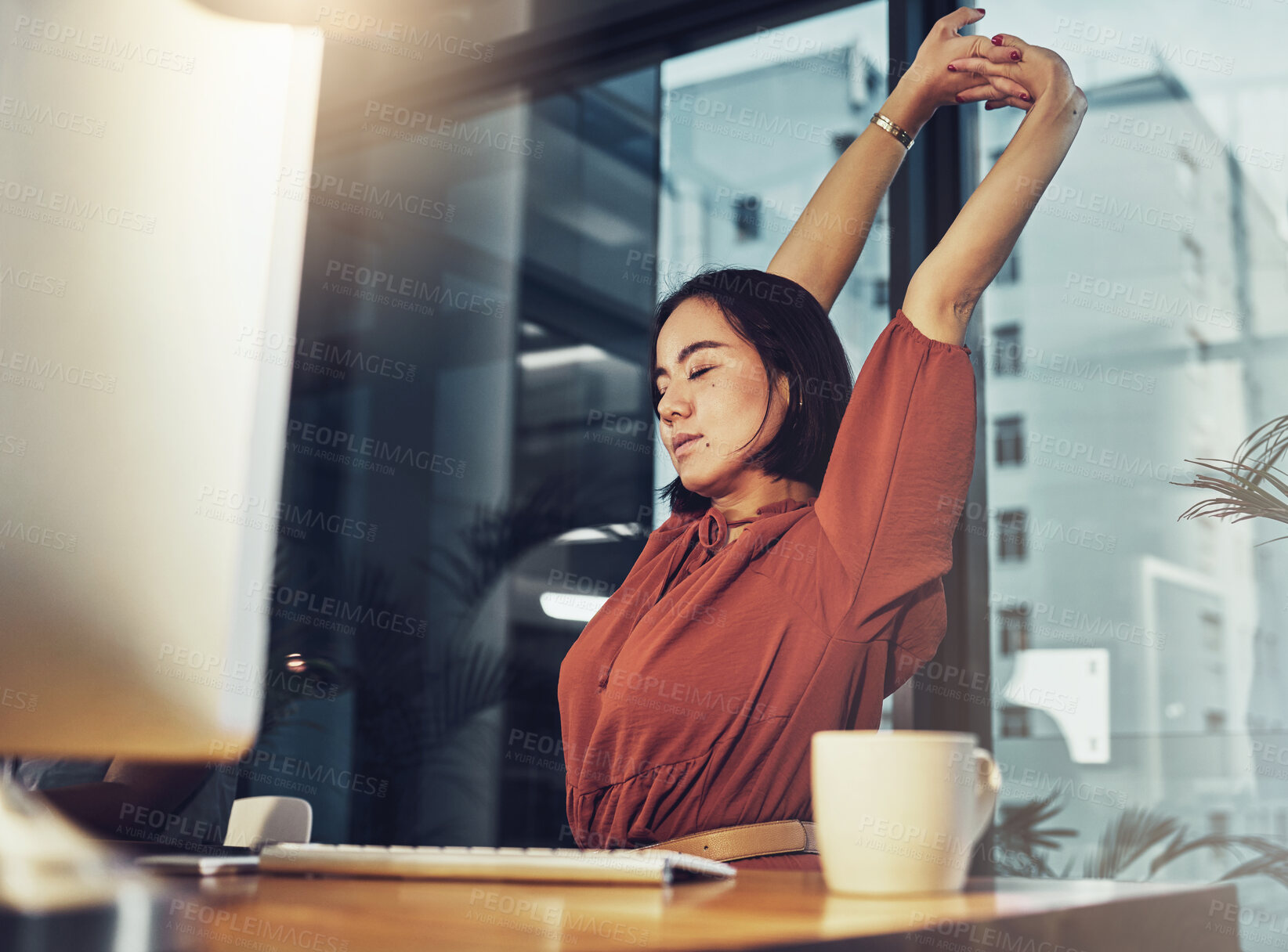 Buy stock photo Night, business and woman stretching, tired and relax in workplace, break and self care. Female employee, consultant and lady stretch arms, burnout and exhausted with a deadline, fatigue and balance