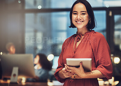 Buy stock photo Business, tablet and portrait of woman in office for technology, corporate and communication. Social media, connection and internet with female and search online for networking, email and website