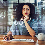 Portrait, coder and woman with hologram, big data and programming with ...