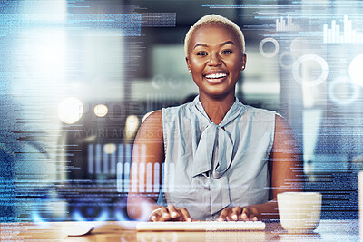 Buy stock photo Black woman, business and typing with chart overlay in portrait with smile, keyboard and financial analysis. African businesswoman, holographic dashboard and happy with fintech, graph and accounting