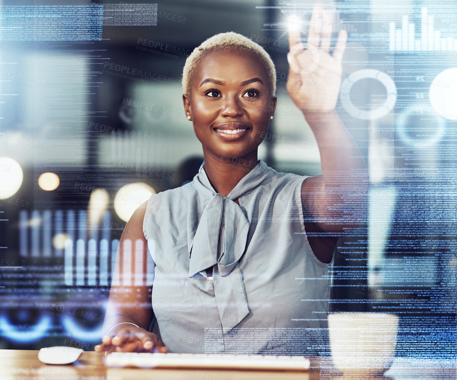 Buy stock photo Touch screen, hologram and black woman with data analytics, statistics or finance. Holographic, futuristic and happy business person with overlay of future technology, ui or ux with hand interaction