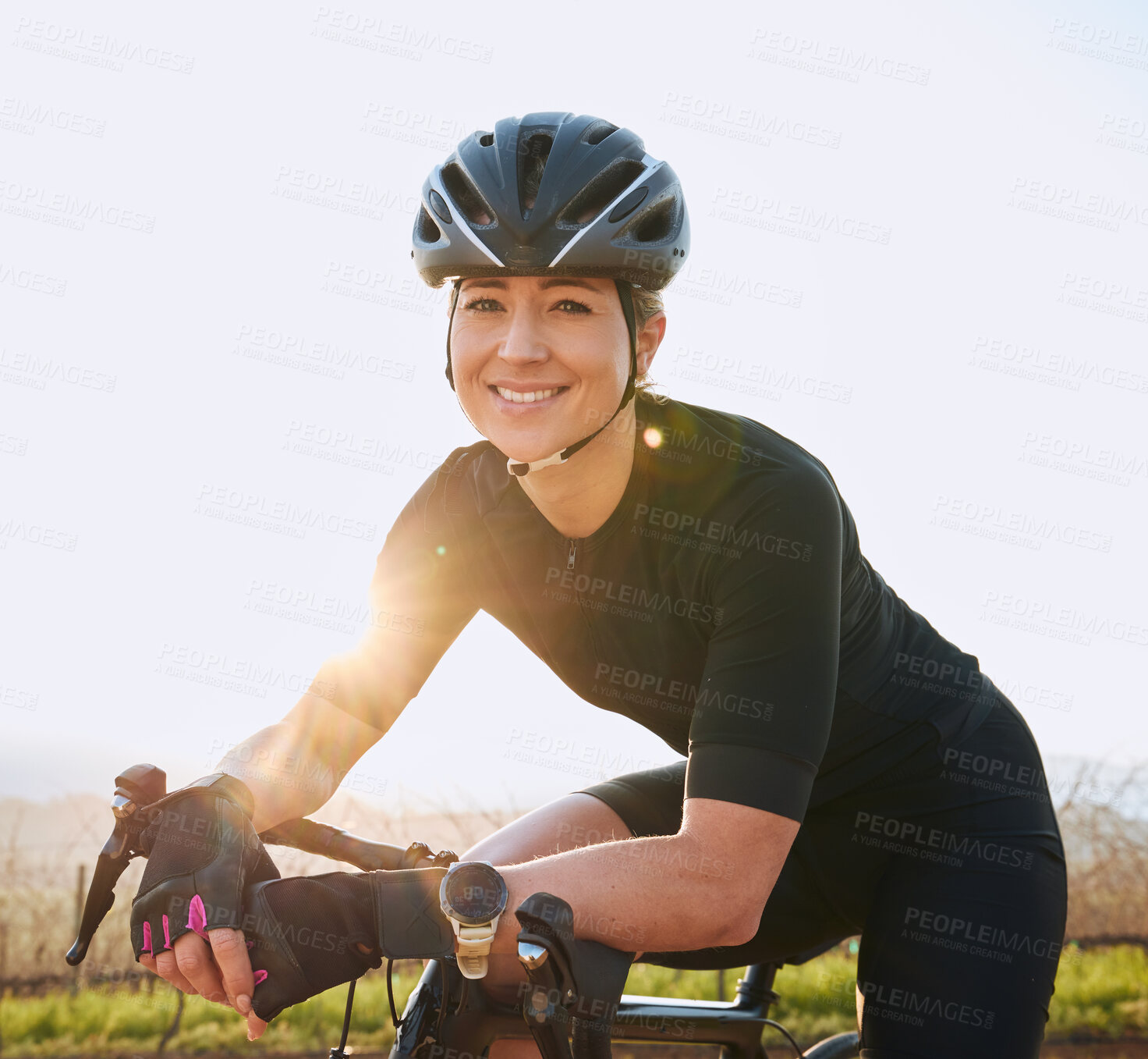 Buy stock photo Rest, cycling and fitness with portrait of woman in nature for training, workout and sports cardio. Health, relax and thinking with female cyclist riding on bike for exercise, endurance and challenge