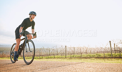 Buy stock photo Cycling, fitness and mockup with woman in park for training, workout and cardio health. Exercise, travel and freedom with female cyclist riding on bike in nature for adventure, journey and transport