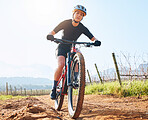 Portrait, fitness and woman with a bicycle, outdoor and training for wellness, competition and workout. Face, female athlete or biker cycling, adventure and practice for marathon and countryside trip