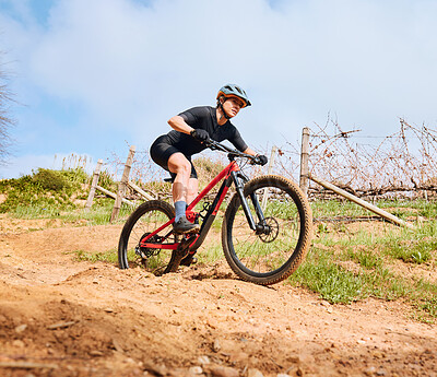 Buy stock photo Bicycle fitness, countryside road and woman on a bike with speed for sports race on cycling path. Adventure, biker exercise and fast athlete doing training in nature on a trail for cardio and workout