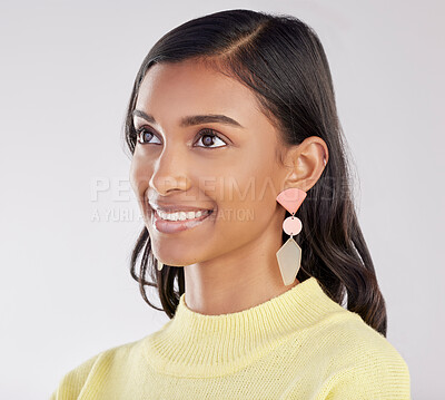 Buy stock photo Face, thinking and smile with a woman on a white background in studio closeup to decide on a choice. Head, idea and happy with an attractive young female contemplating a thought about her options