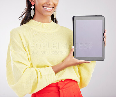 Buy stock photo Tablet, studio and hands of woman with smile for advertising, promotion and mockup screen. White background, happy and closeup of girl with digital tech for social media, website and mobile app brand