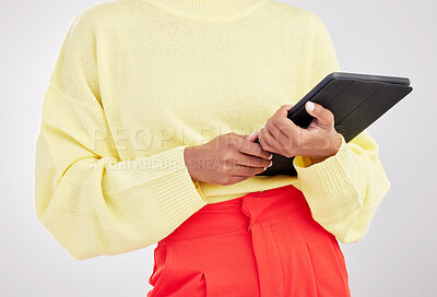 Buy stock photo Technology, studio and hands of woman with tablet for research, communication and networking. White background, contact and female with digital tech for social media, internet website and mobile app