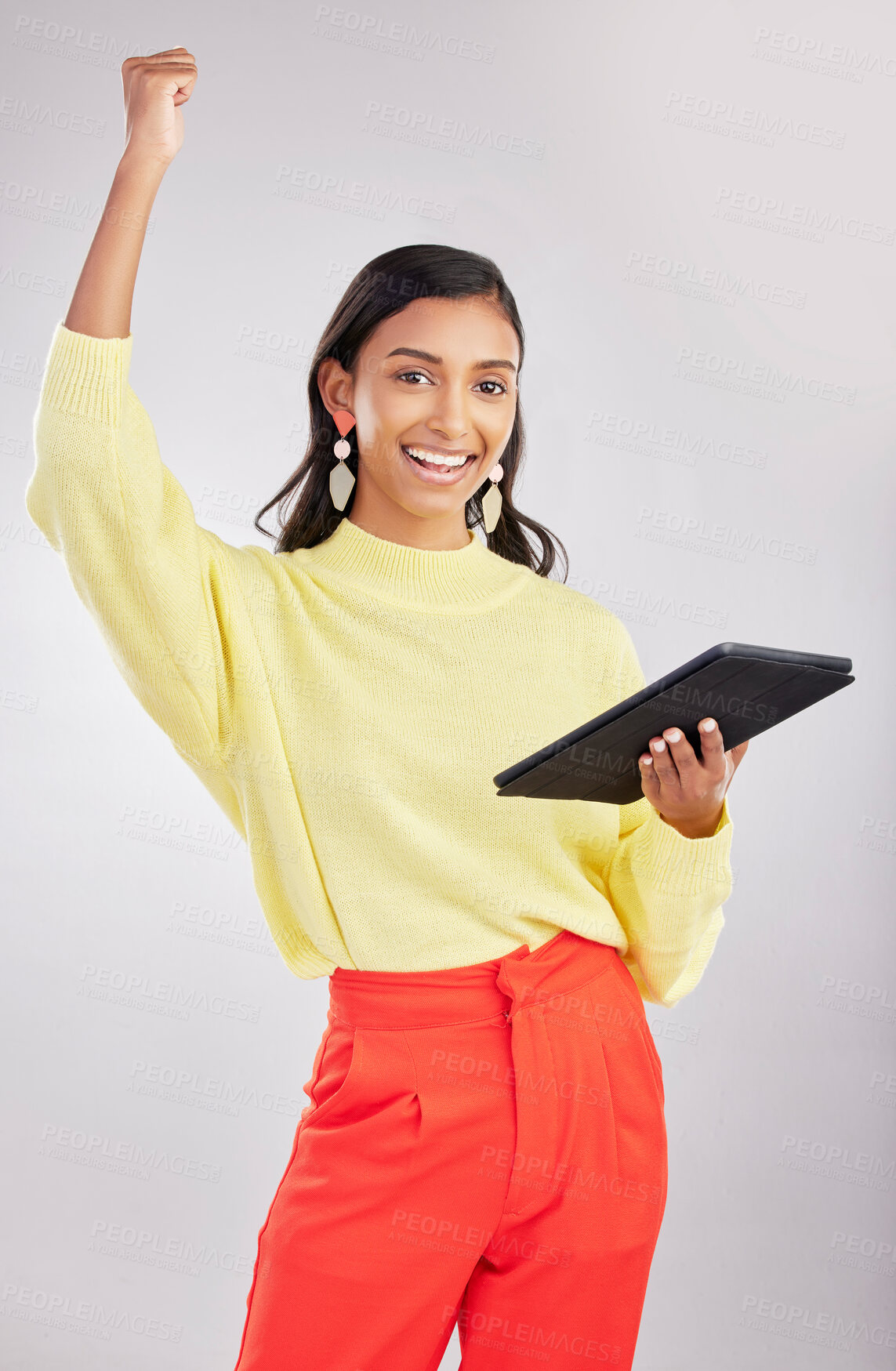 Buy stock photo Winner, excited and portrait of woman on tablet for online bonus, winning and wow celebration on white background. Studio, success and girl cheer on digital tech for social media, internet and app