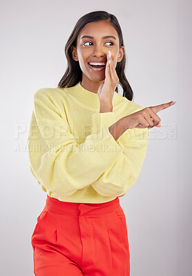 Buy stock photo Pointing whisper, gossip and a woman bully isolated on a white background in a studio. News, talking and a young corporate worker whispering a secret, information or gossiping about an employee