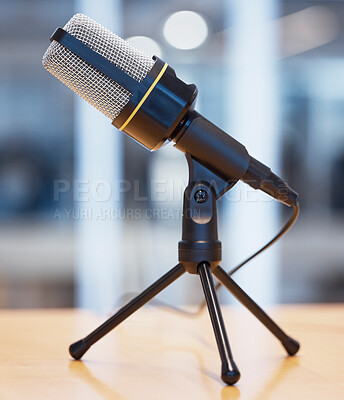 Buy stock photo Music, podcast and radio with microphone in office for live streaming, recording and interview. Technology, network and news with equipment on desk in studio for communication, media and audio