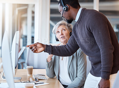 Buy stock photo Call center, black man and coach training employee in customer service or support in office. Manager, telemarketing and person coaching worker or helping senior woman on computer with consulting.