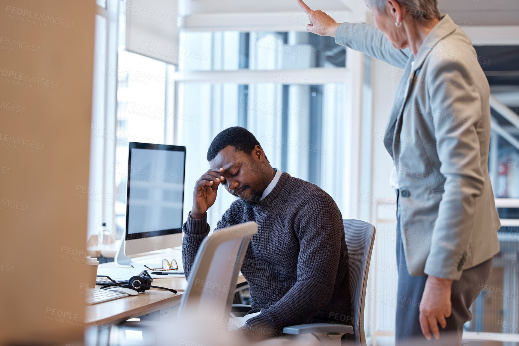 Buy stock photo Business woman, boss and firing man at call center with fail, mistake and stress at telemarketing job. Elderly female, manager and warning of consultant with dismissal, shout and point by help desk