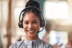 Call center woman, happy in portrait and contact us with CRM, headset with mic and mockup space. Customer service consultant, female smile and telemarketing with sales and help desk agent in office