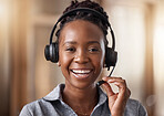 Call center, black woman smile in portrait and contact us with CRM, headset with mic and mockup. Customer service consultant, happy female and telemarketing with sales and help desk agent in office