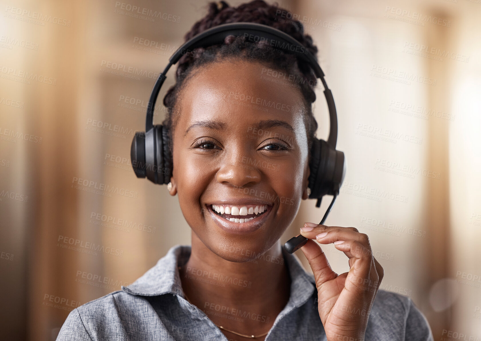 Buy stock photo Call center, black woman smile in portrait and contact us with CRM, headset with mic and mockup. Customer service consultant, happy female and telemarketing with sales and help desk agent in office