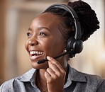 Call center, black woman is happy and contact us with CRM, headset with mic and communication. Customer service consultant, female smile and telemarketing with sales and help desk agent in office