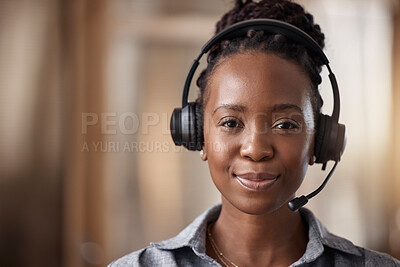 Buy stock photo Customer support, black woman and portrait in call center, contact us and CRM with headset, face and mockup space. Closeup, consultant and female employee in telemarketing, sales and help desk office