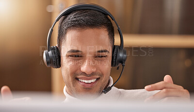 Buy stock photo Call center, man and happy with smile on face at desk in office for sales and customer support, Male agent or consultant in telemarketing, support and crm with headphones for help desk communication