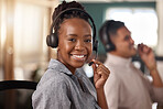 Call center, black woman and smile portrait and face for telemarketing, sales and support. Professional female consultant or agent with a headset for customer service, crm and help desk for advice