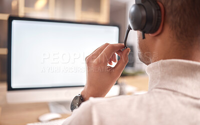 Buy stock photo Call center, man and computer screen in office for customer service, sales or evening support. Male agent, consultant or headset microphone for telemarketing, telecom or crm help mockup on technology