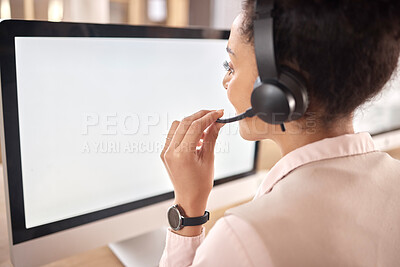 Buy stock photo Call center, woman and computer screen with mock up in office for customer service, sales or support. Female agent, consultant or headset microphone in telemarketing, telecom and crm help desk mockup