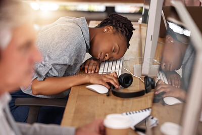 Buy stock photo Call center, woman and sleeping on desk in office while tired of stress, sales and customer service. Exhausted african female agent or consultant in telemarketing, support and crm with fatigue