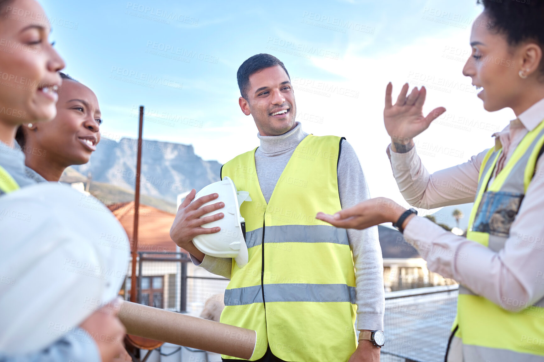 Buy stock photo Architect, teamwork and meeting in construction collaboration for planning or brainstorming together on site. Group of contractor people in team discussion, development or ideas for architecture