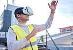 Man, architect and VR in the city for construction, simulation or digital layout for project on site. Male contractor, engineer or builder in virtual reality or building for architecture plan or idea