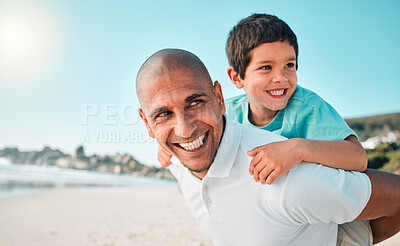 Buy stock photo Dad, child and family outdoor at beach playing game for fun or happy and thinking. Man and boy kid play for happiness, freedom or adventure on travel holiday or vacation in nature with love outdoor