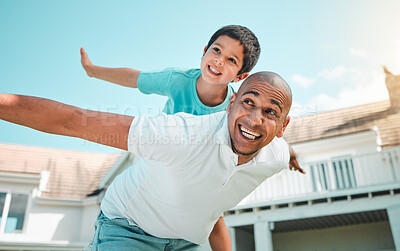 Buy stock photo Father and child playing airplane outdoor as family in backyard of house with a smile, love and care. Man and boy kid for game, security and quality time with happiness and arms outstretched on sky