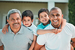 Grandfather, father and children outdoor for piggyback in backyard of house with a smile, love and care. Man, senior and boy kids family portrait, security and quality time with happiness or support