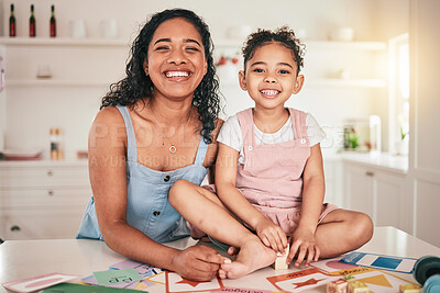 Buy stock photo Portrait, home school and mother and child in kitchen with happy, smile or excited face for homework, assignment or studying. Joy, girl and cheerful mom for remote learning or bonding in family house