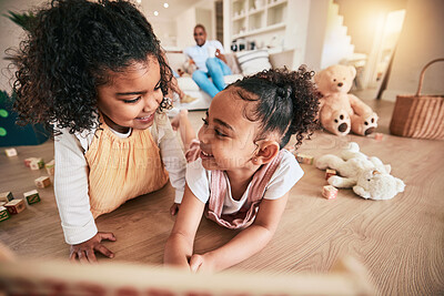 Buy stock photo Children, sister and best friends playing on the living room floor together in their home for bonding while having fun. Kids, family and smile with happy girls in the house for growth or development