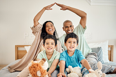 Buy stock photo Family home, bedroom and portrait of parents and children bonding on a bed in a house and playing together. Care, mother and father happy and excited with kids in the morning as love and care